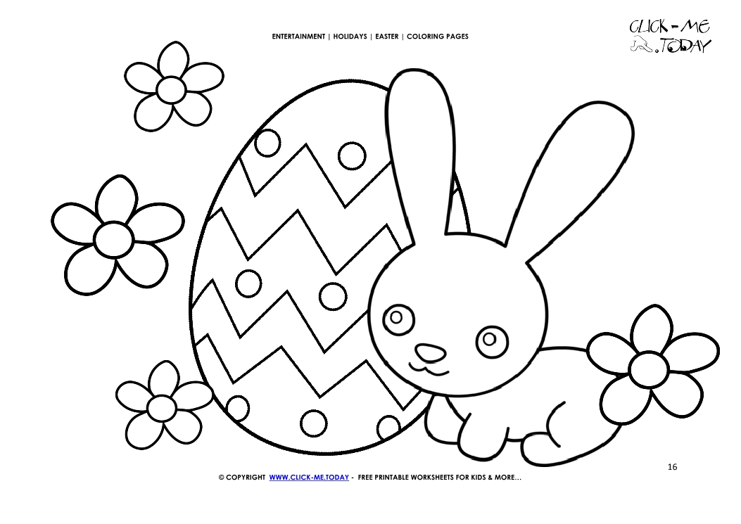 Easter Coloring Page:16 Cute Easter bunny detailed egg & flowers